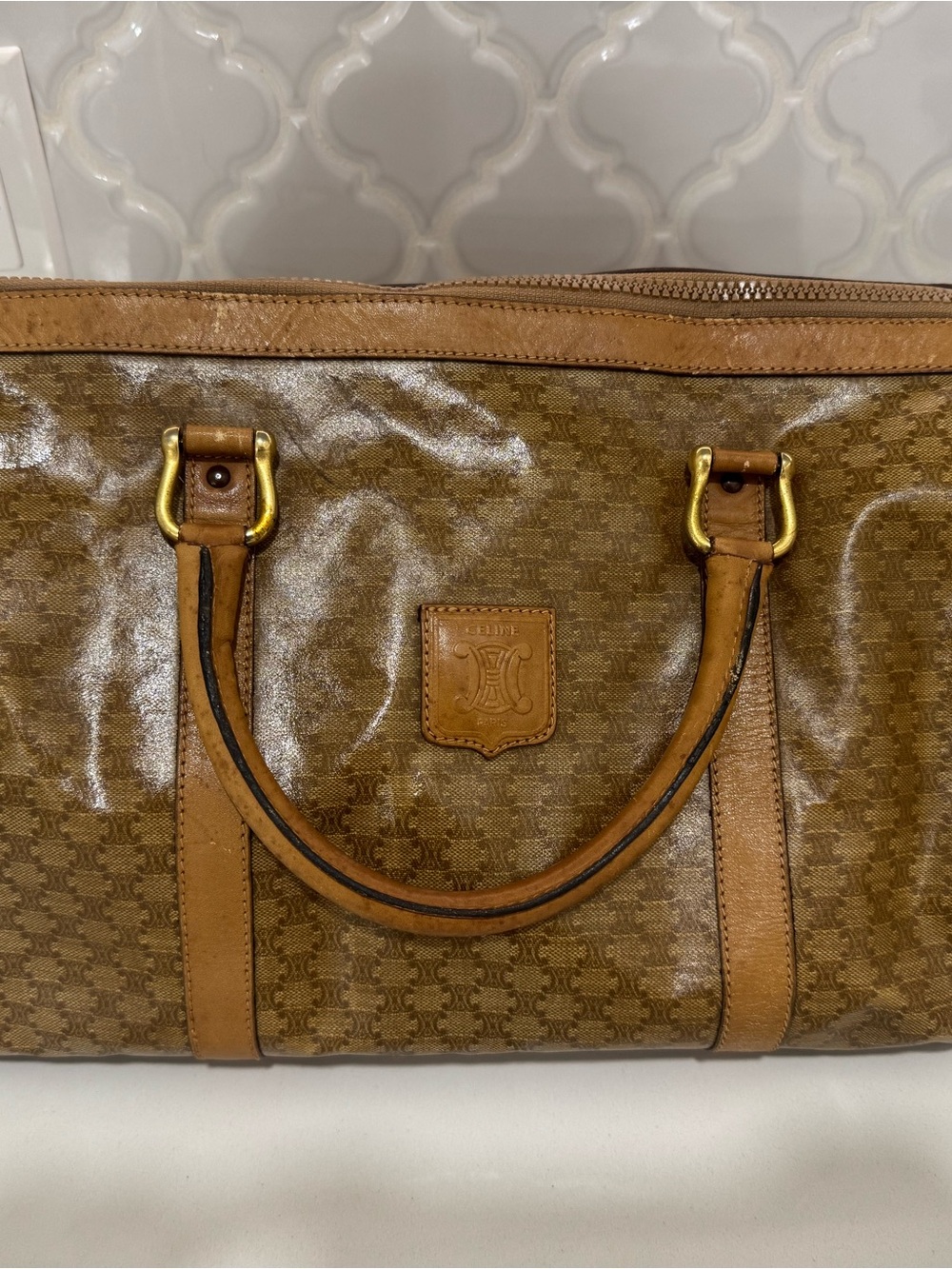 Celine Brown Tan Macadam-Print Leather Tote